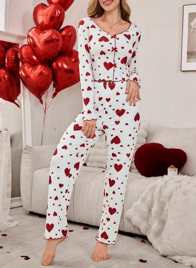 Take Two white Love-Heart Printed Long Sleeve Top and Pyjama Set for Women | Best Price UAE